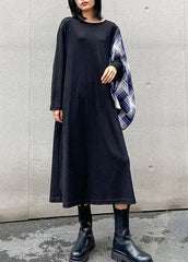 100% black Wardrobes o neck pockets plaid Maxi fall Dress