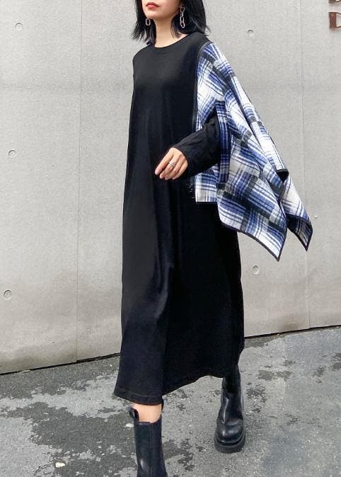 100% black Wardrobes o neck pockets plaid Maxi fall Dress