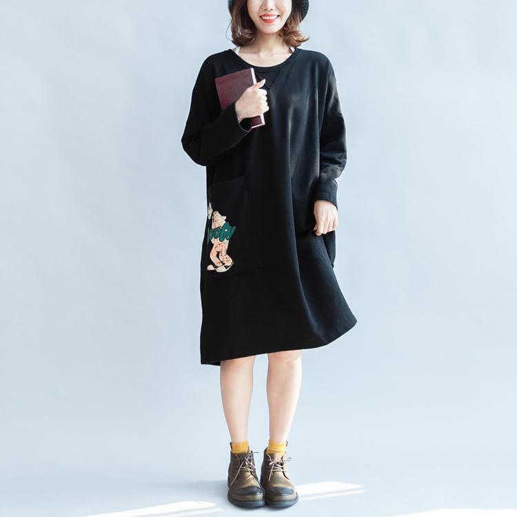 100% cotton black carton sweat dresses long sleeve cotton dresses oversized 146cm bust