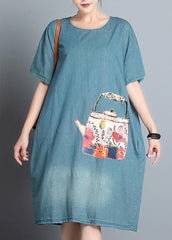 100% denim blue print dresses o neck pockets A Line summer Dress