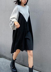 100% gray Robes o neck patchwork black long Dress