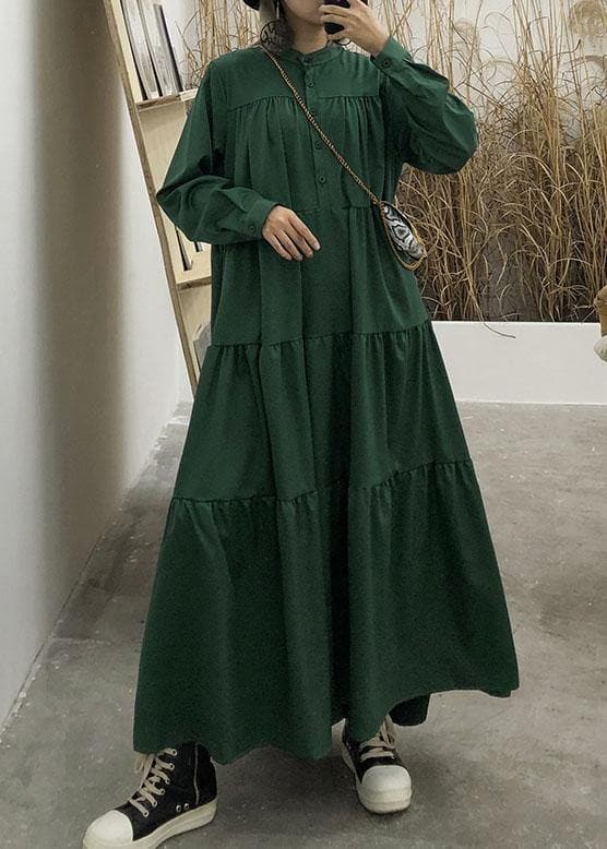 100% green cotton clothes Women patchwork long fall Dresses