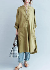 100% khaki cotton clothes Women side open loose fall Dress