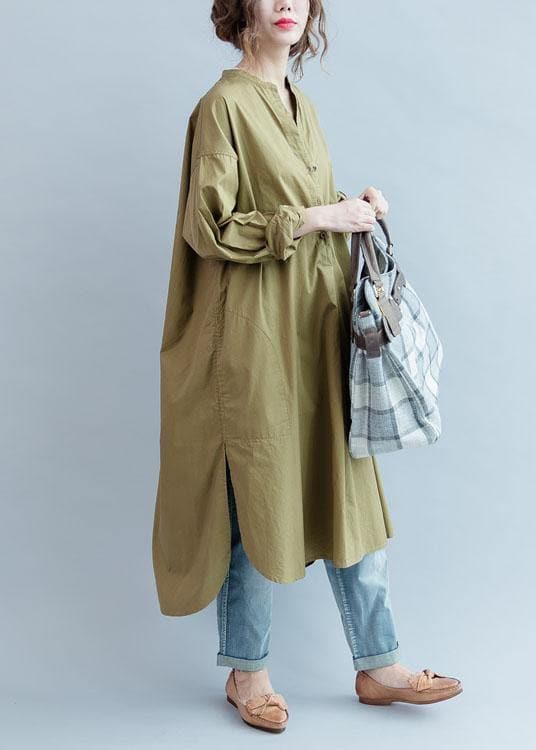 100% khaki cotton clothes Women side open loose fall Dress