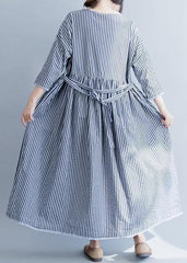 100% o neck half sleeve cotton dresses Neckline blue striped Maxi Dress fall