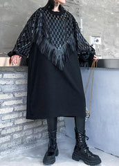 100% o neck patchwork tassel clothes Women Runway black plaid Maxi Dress