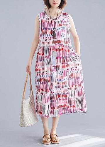 100% red striped Chiffon clothes For Women o neck sleeveless Midi Dress