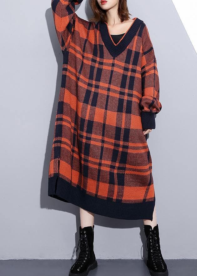 100% side open Cotton v neck dresses Shape red plaid Dresses