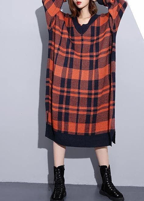 100% side open Cotton v neck dresses Shape red plaid Dresses