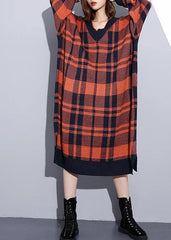 100% side open Cotton v neck dresses Shape red plaid Dresses