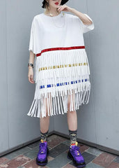 100% white Cotton clothes layered tassel shift summer Dresses