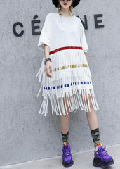 100% white Cotton clothes layered tassel shift summer Dresses