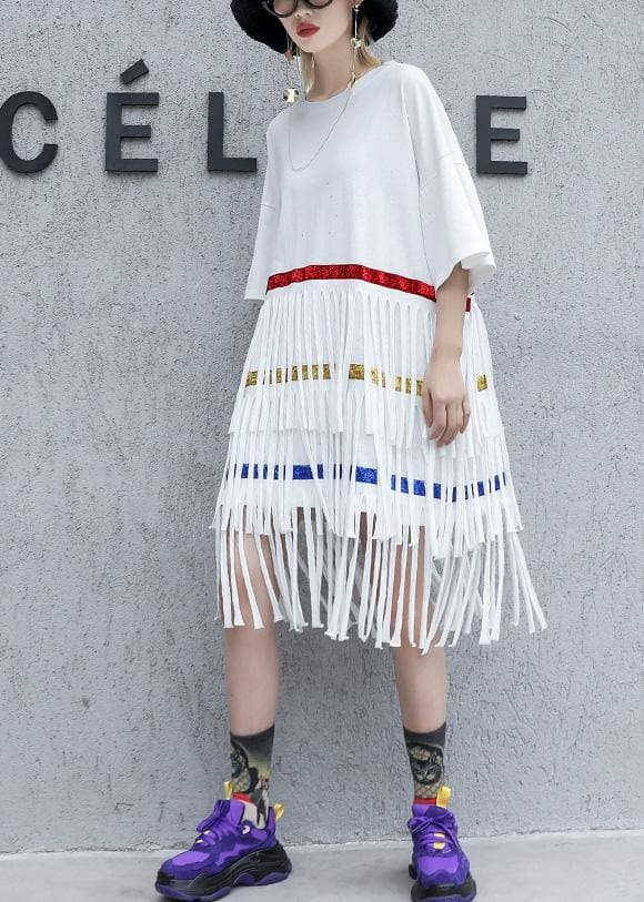 100% white Cotton clothes layered tassel shift summer Dresses