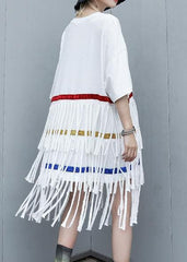 100% white Cotton clothes layered tassel shift summer Dresses