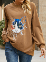 Damen Sweatshirt mit Katzen-Print, einfarbig, Rundhalsausschnitt, lässig, lockerer Pullover