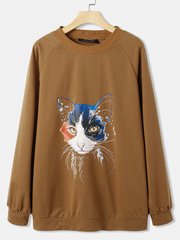 Damen Sweatshirt mit Katzen-Print, einfarbig, Rundhalsausschnitt, lässig, lockerer Pullover