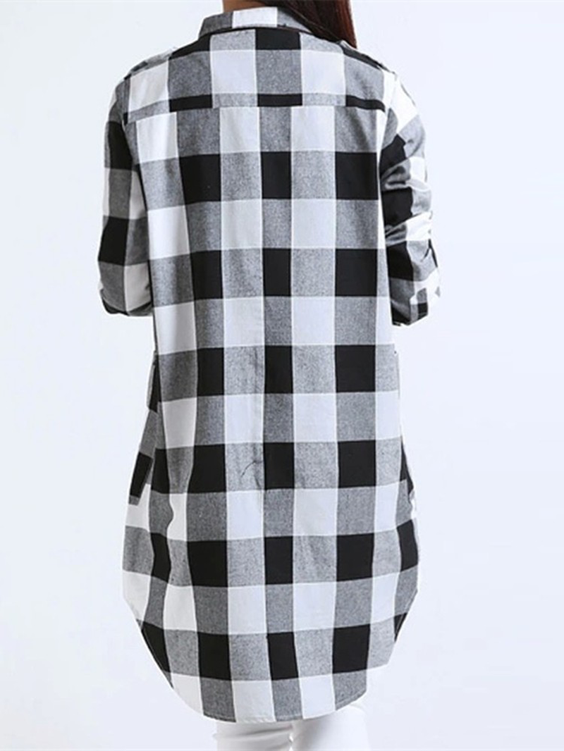 Women Casual Long Sleeve Plaid Loose Pocket Button Long Blouses