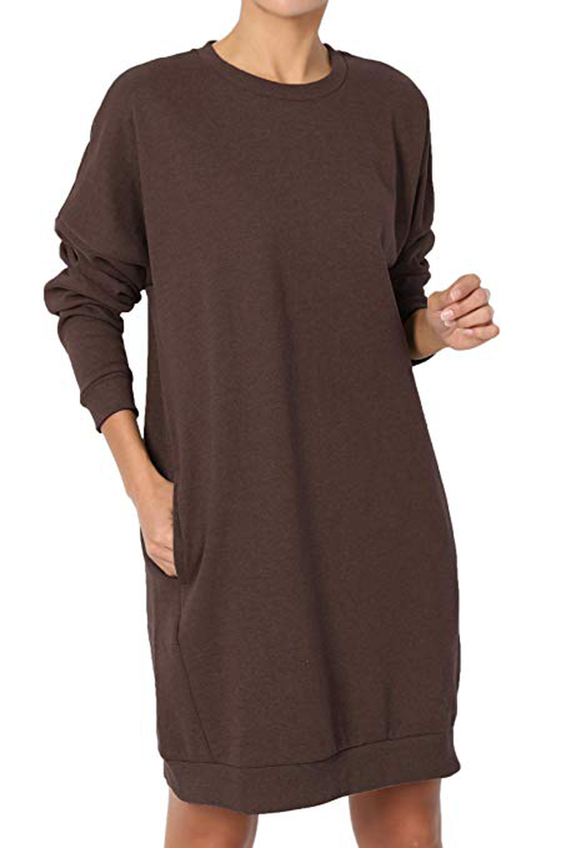 Robe sweat-shirt ample à capuche et manches longues pour femme, col ras du cou, couleur unie