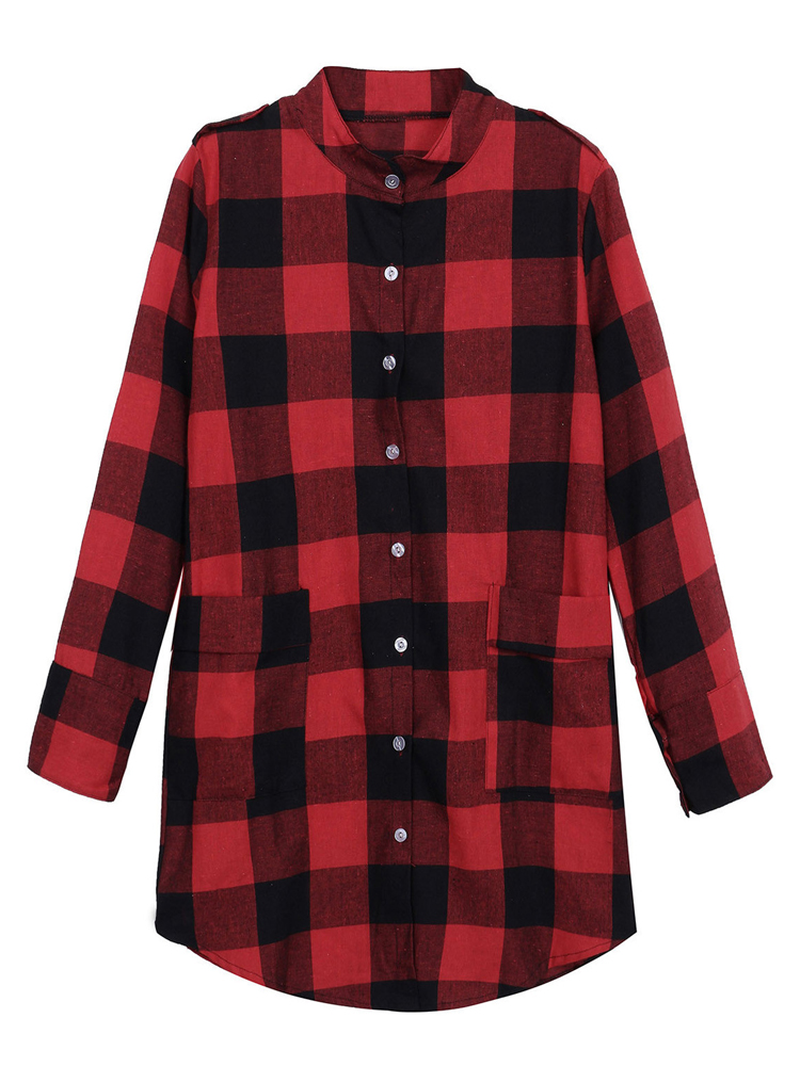 Women Casual Long Sleeve Plaid Loose Pocket Button Long Blouses