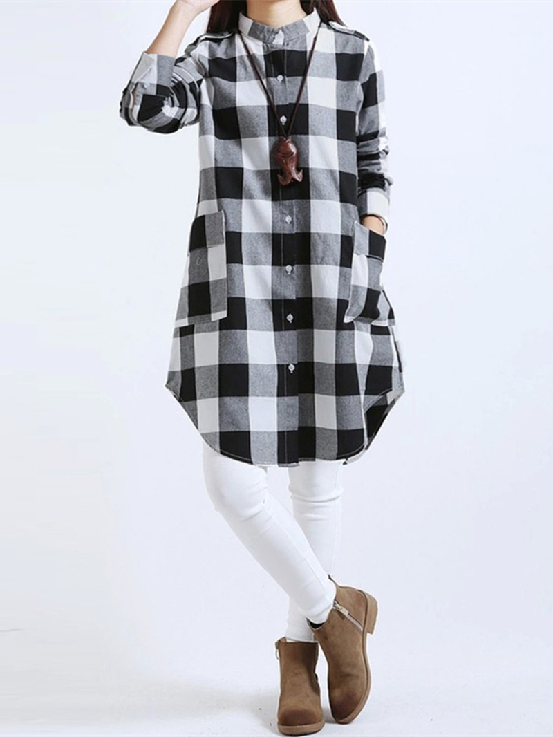 Women Casual Long Sleeve Plaid Loose Pocket Button Long Blouses