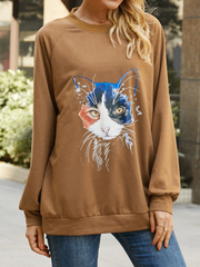 Damen Sweatshirt mit Katzen-Print, einfarbig, Rundhalsausschnitt, lässig, lockerer Pullover