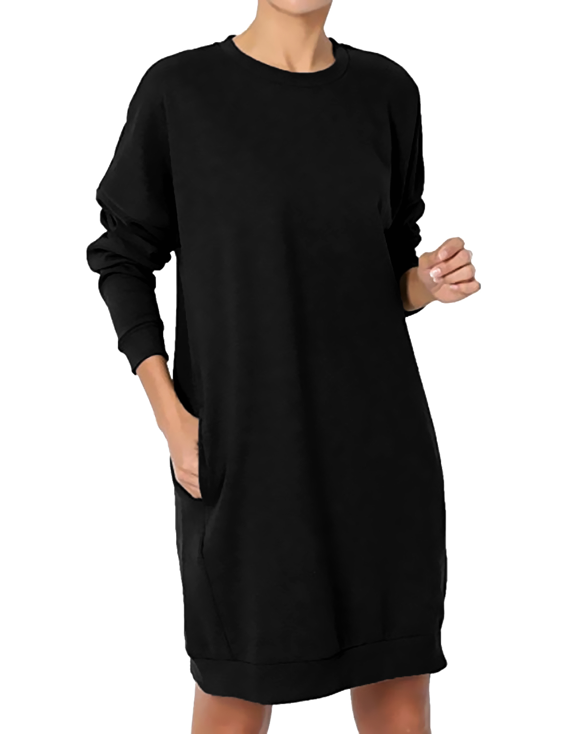 Robe sweat-shirt ample à capuche et manches longues pour femme, col ras du cou, couleur unie