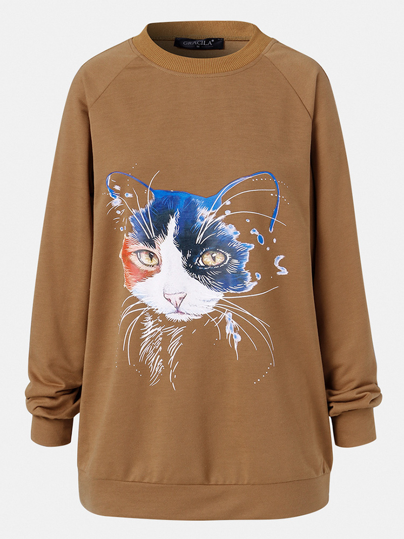 Damen Sweatshirt mit Katzen-Print, einfarbig, Rundhalsausschnitt, lässig, lockerer Pullover