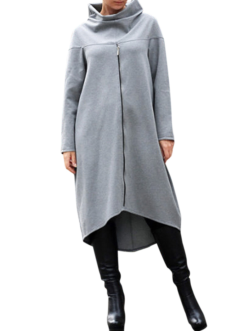 Women Long Sleeve High Neck Loose Hoodies Solid Color Dresses