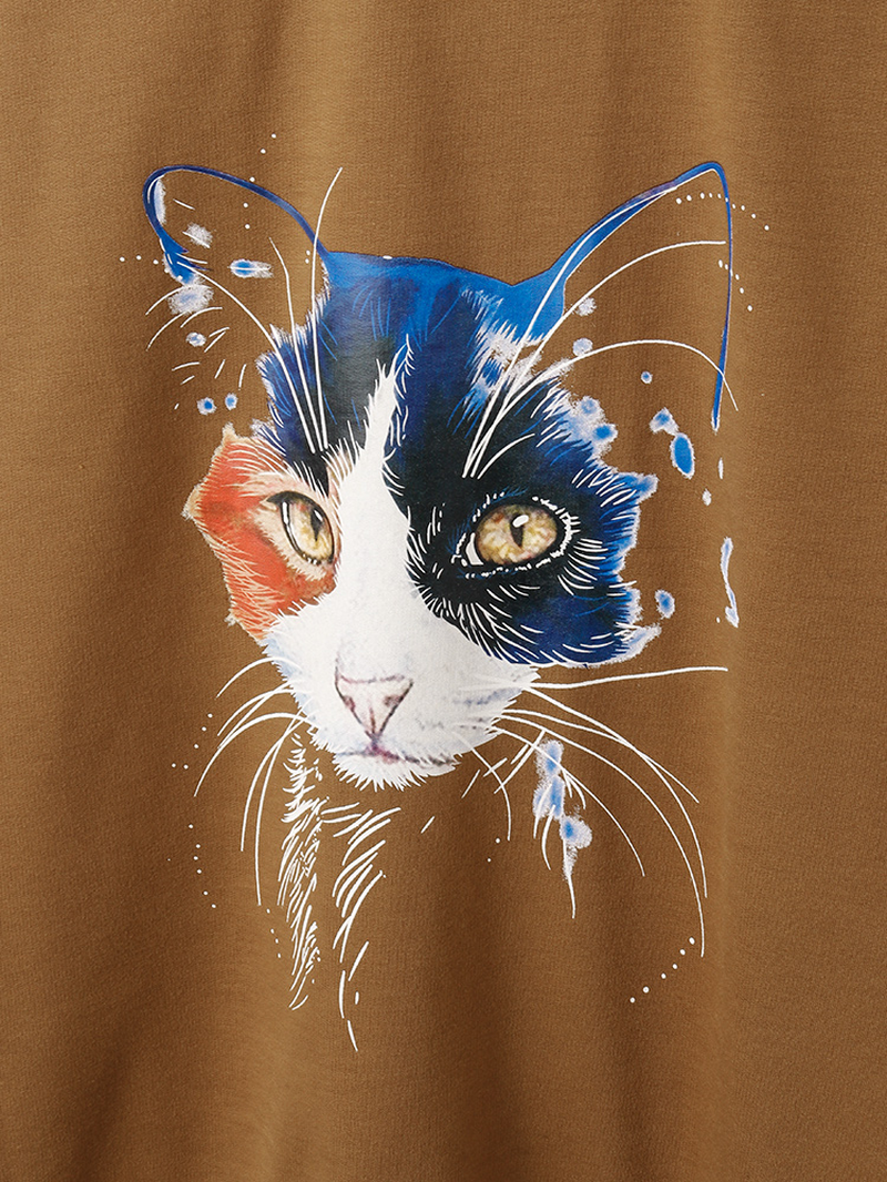 Damen Sweatshirt mit Katzen-Print, einfarbig, Rundhalsausschnitt, lässig, lockerer Pullover