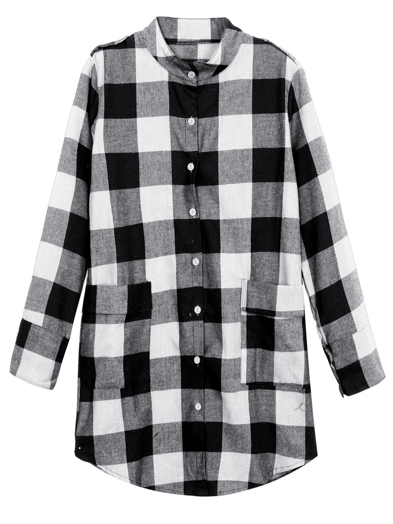 Women Casual Long Sleeve Plaid Loose Pocket Button Long Blouses