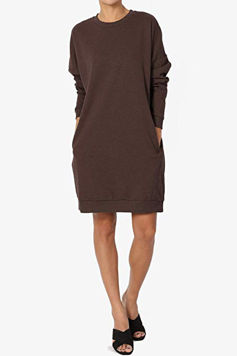 Robe sweat-shirt ample à capuche et manches longues pour femme, col ras du cou, couleur unie