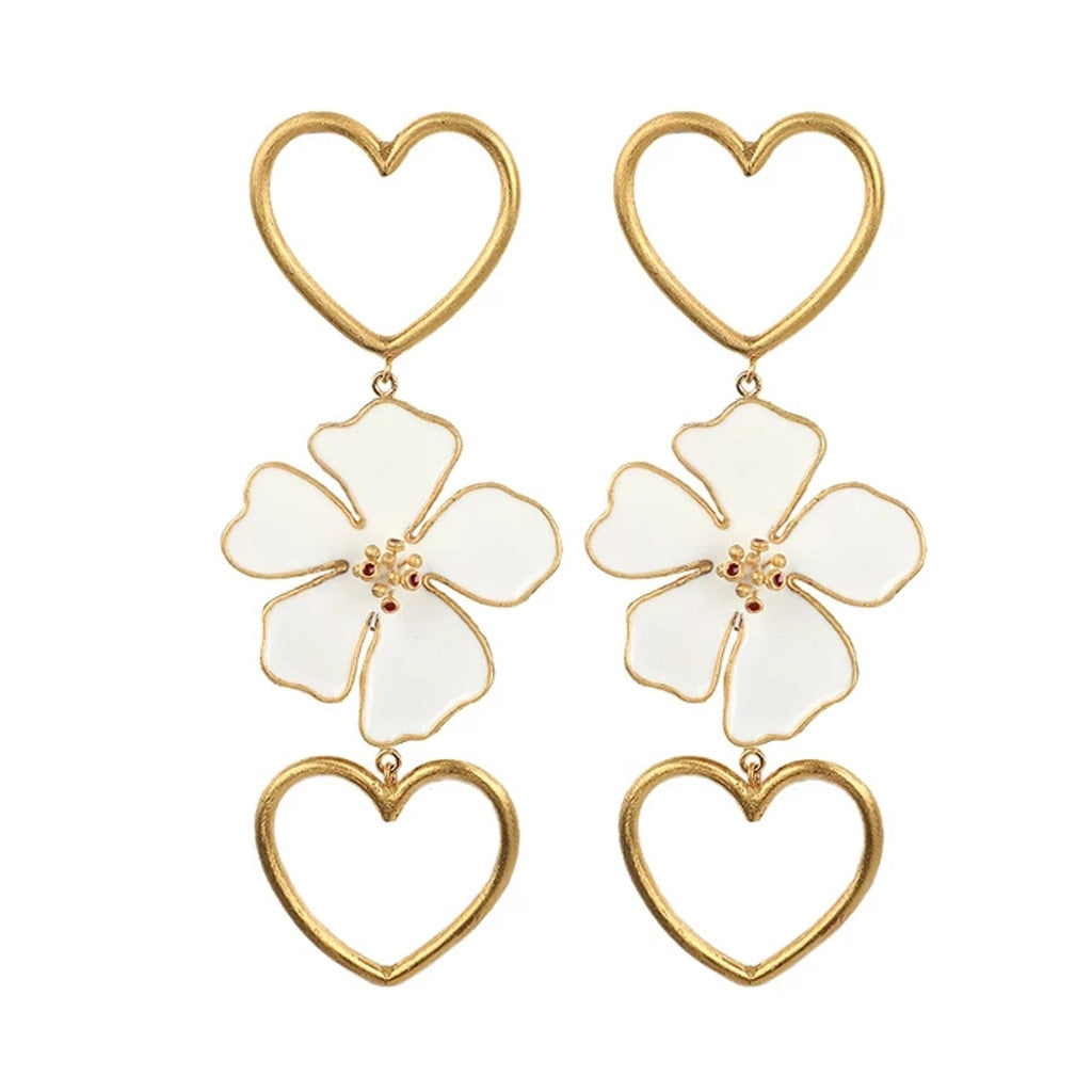 Boucles d'oreilles à longue chaîne en forme de cœur et de grande fleur