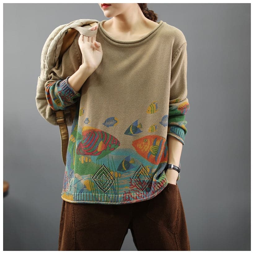 Women 2021 Vintage Prints Loose Sweater Casual Spring Tops