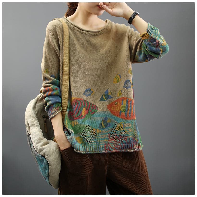 Women 2021 Vintage Prints Loose Sweater Casual Spring Tops