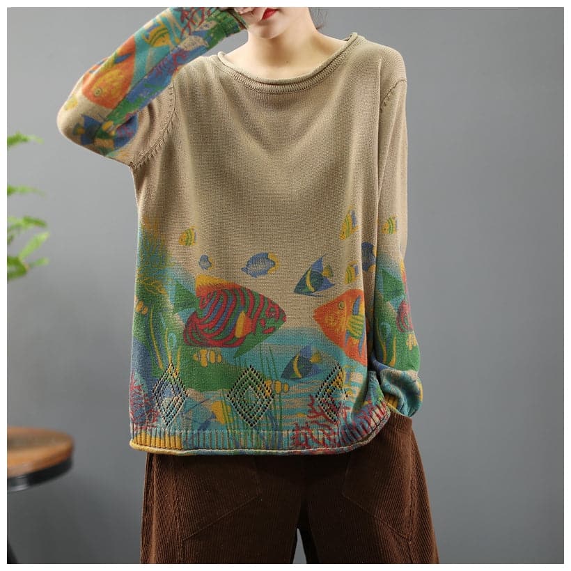 Women 2021 Vintage Prints Loose Sweater Casual Spring Tops