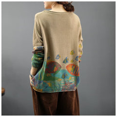 Women 2021 Vintage Prints Loose Sweater Casual Spring Tops