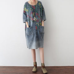 2021 Autumn Oversize Denim Dresses Blooming Flowers Casual Denim Shirts