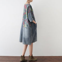 2021 Autumn Oversize Denim Dresses Blooming Flowers Casual Denim Shirts