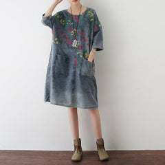 2021 Autumn Oversize Denim Dresses Blooming Flowers Casual Denim Shirts