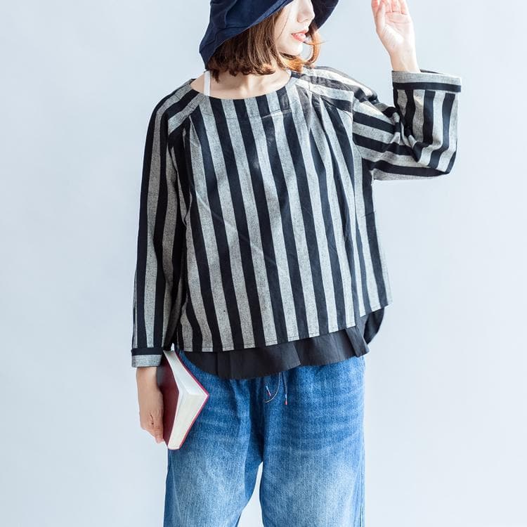 2021 black gray striped linen tops plus size linen casual long sleeve t shirts