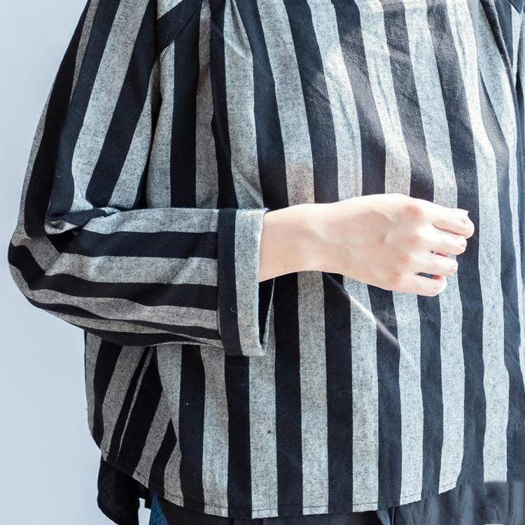 2021 black gray striped linen tops plus size linen casual long sleeve t shirts