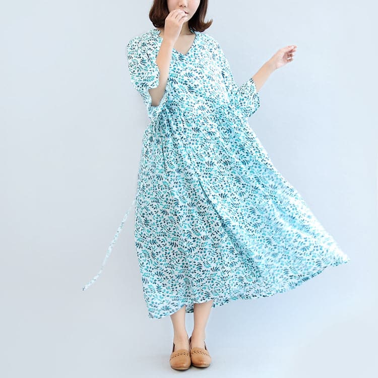 2021 blue print linen dresses plus size casual maxi dress