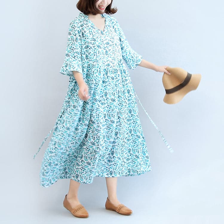 2021 blue print linen dresses plus size casual maxi dress