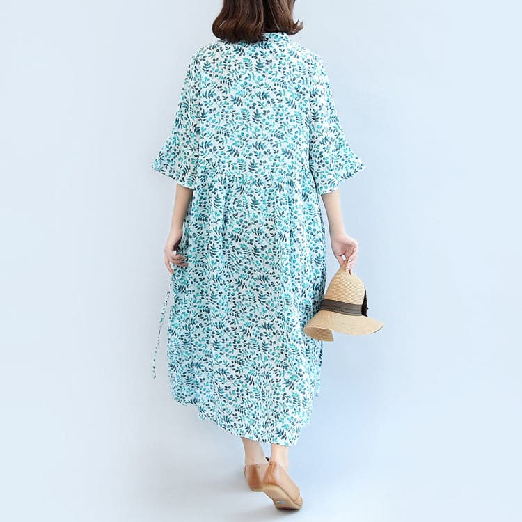 2021 blue print linen dresses plus size casual maxi dress