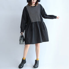 2021 dark striped knit patchwork cotton dresses plus size o neck casual dress