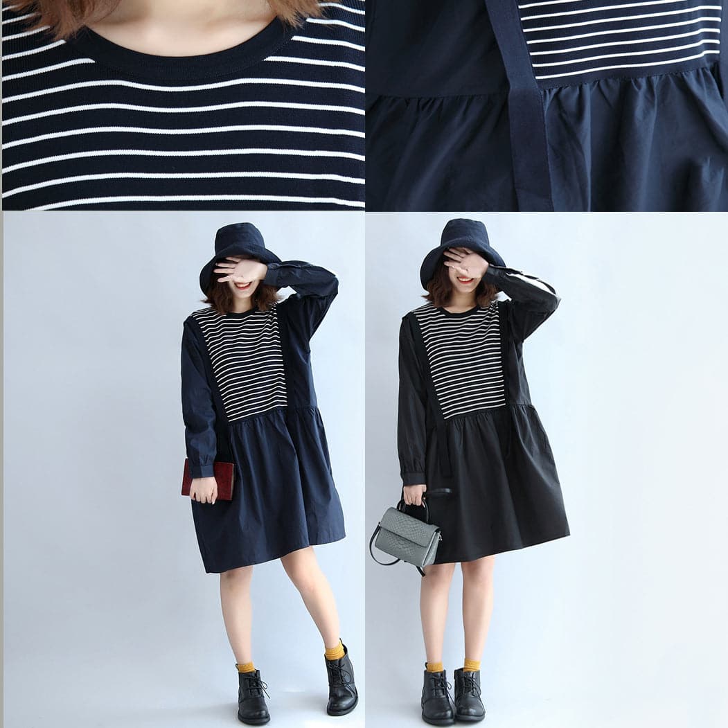 2021 dark striped knit patchwork cotton dresses plus size o neck casual dress