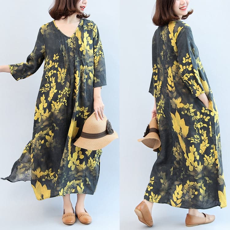 2021 fall black yellow print linen dresses plus size v neck sundress side open