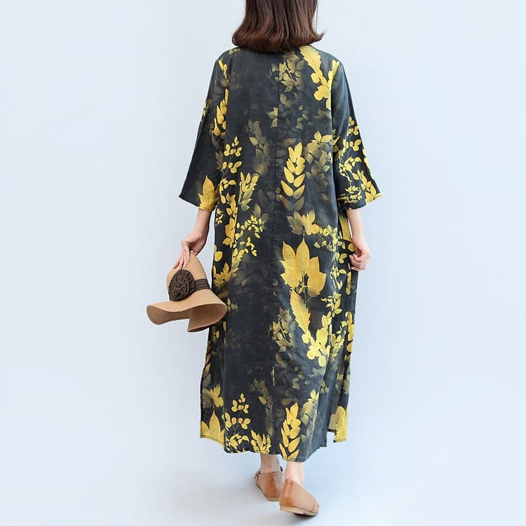 2021 fall black yellow print linen dresses plus size v neck sundress side open