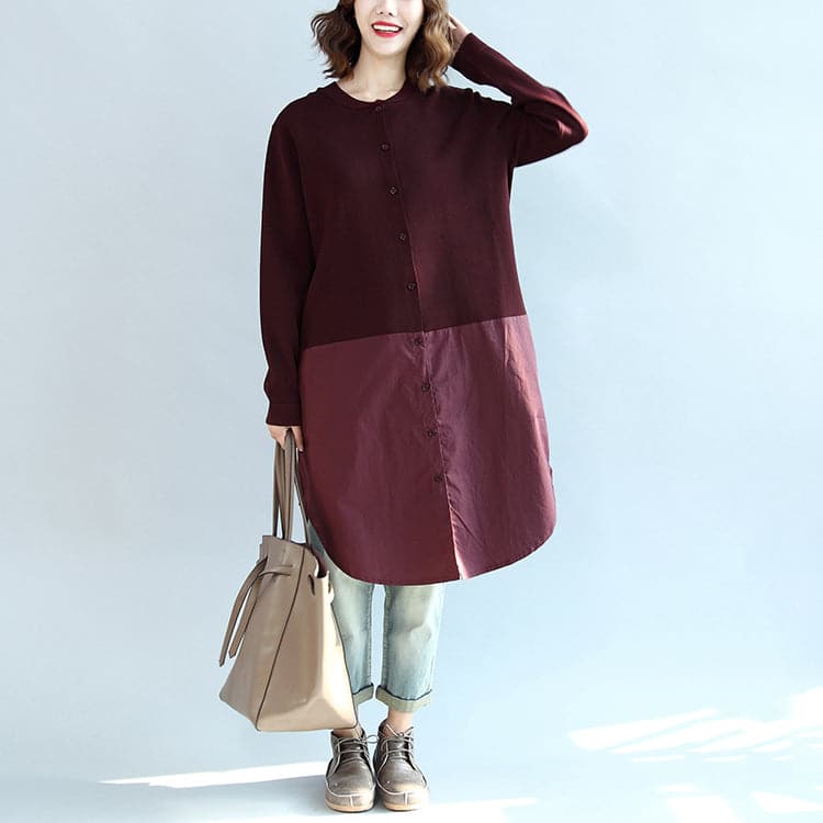 2021 fall burgundy patchwork hem cotton sweater dresses plus size casual knit shirts dress