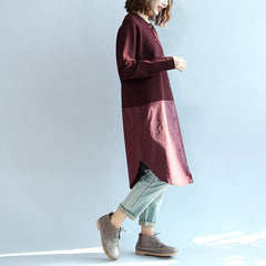 2021 fall burgundy patchwork hem cotton sweater dresses plus size casual knit shirts dress